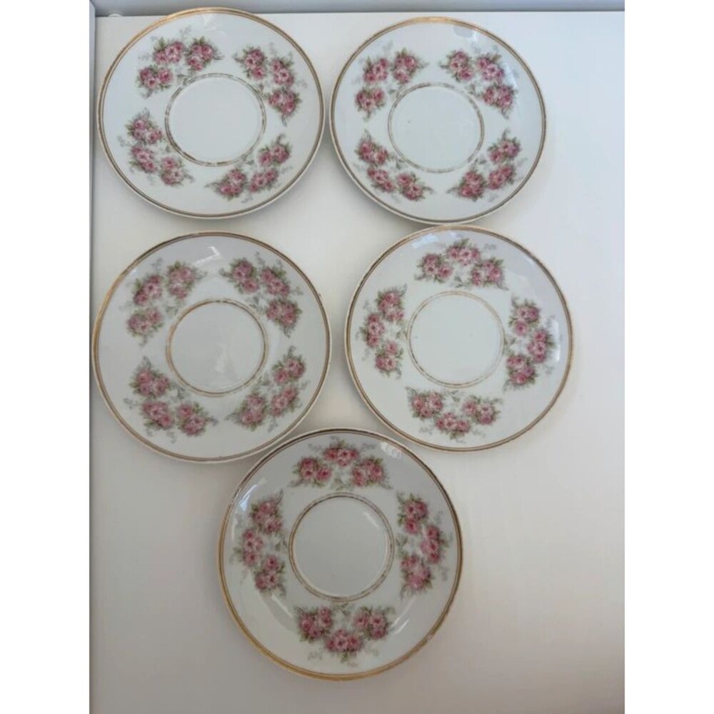 Vintage Coronet Limoges France Pink Rose Porcelain Saucers Set of 5